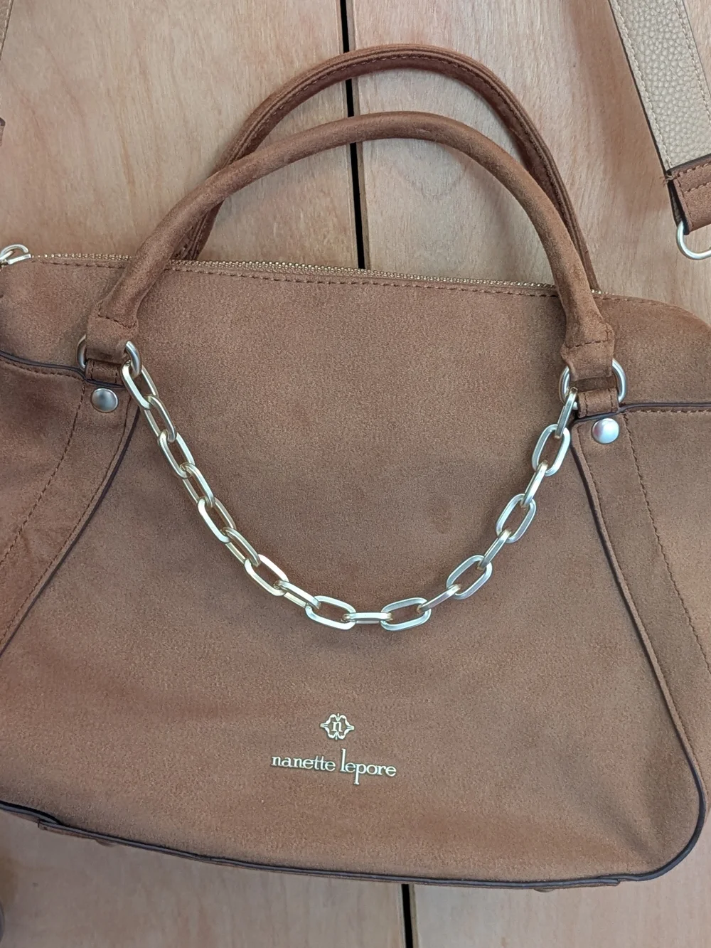 Nanette Lepore Faux Suede Satchel Bag in Camel W/Gold-tone Accent Chain